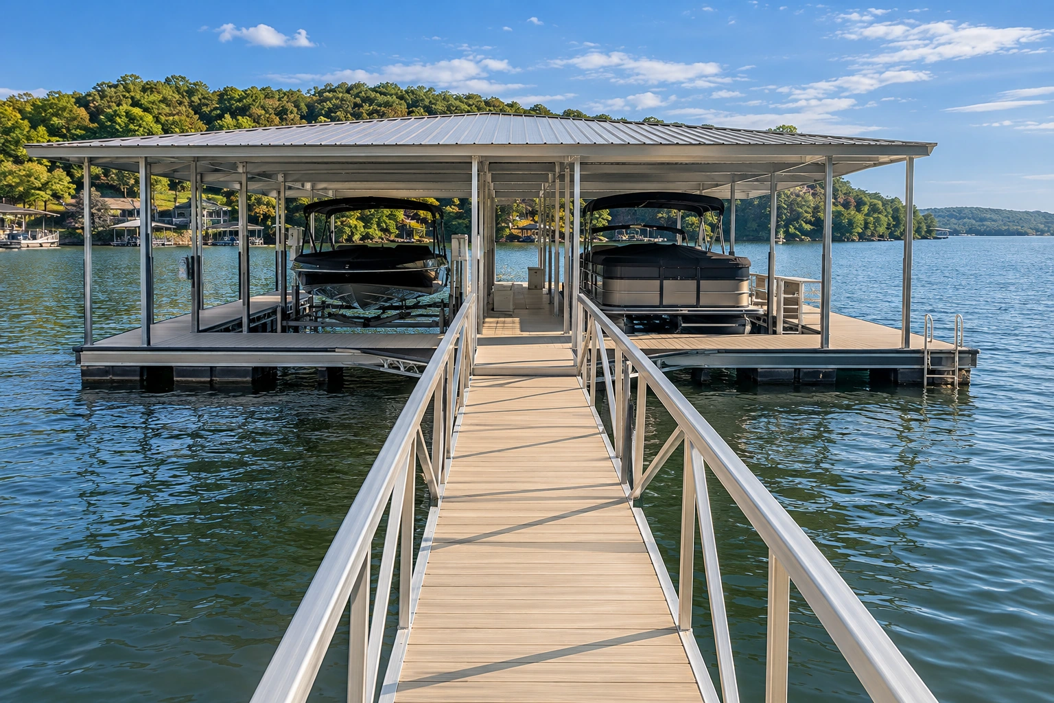 Illustrative view down a clean gangway with railings to a covered floating dock