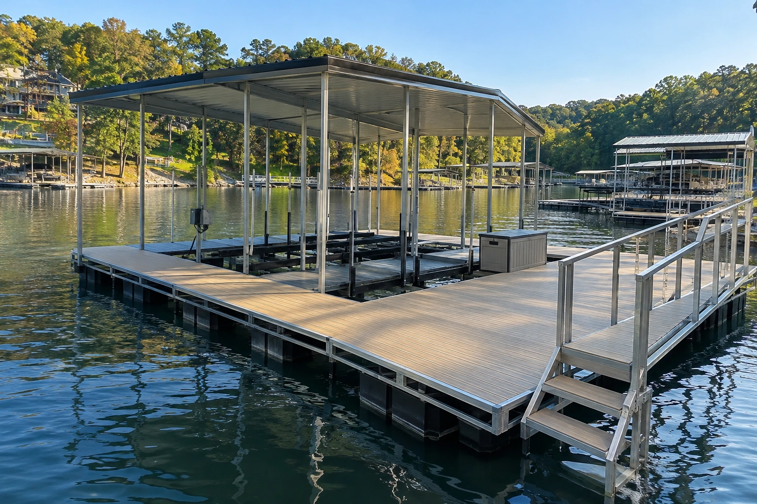 Illustrative view of a covered floating dock with sturdy steel posts and new decking