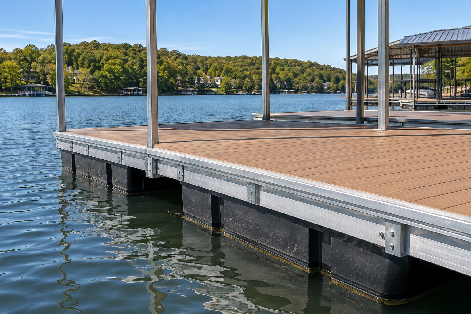 Illustrative view of fresh deck boards, steel supports and floating dock edges