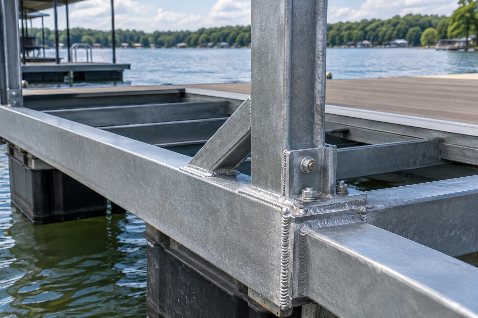 Illustrative close-up of welded galvanized-steel dock supports and bolted frame connections